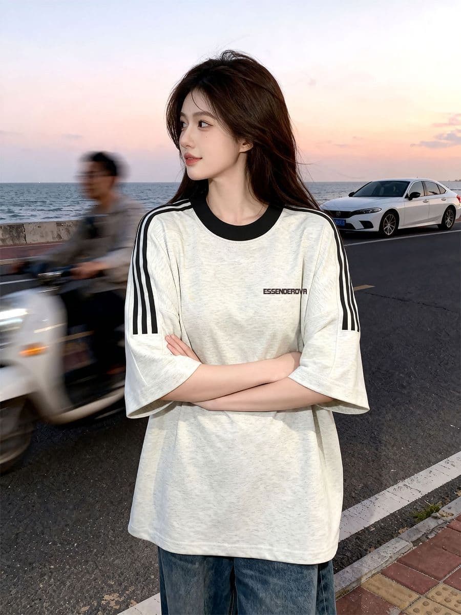 빗질하다 순면 230 크 순면 반팔 230 크 삽입 어깨 소매 3개 바 8 점 바 티셔츠 루즈핏 프린트 이미지 2