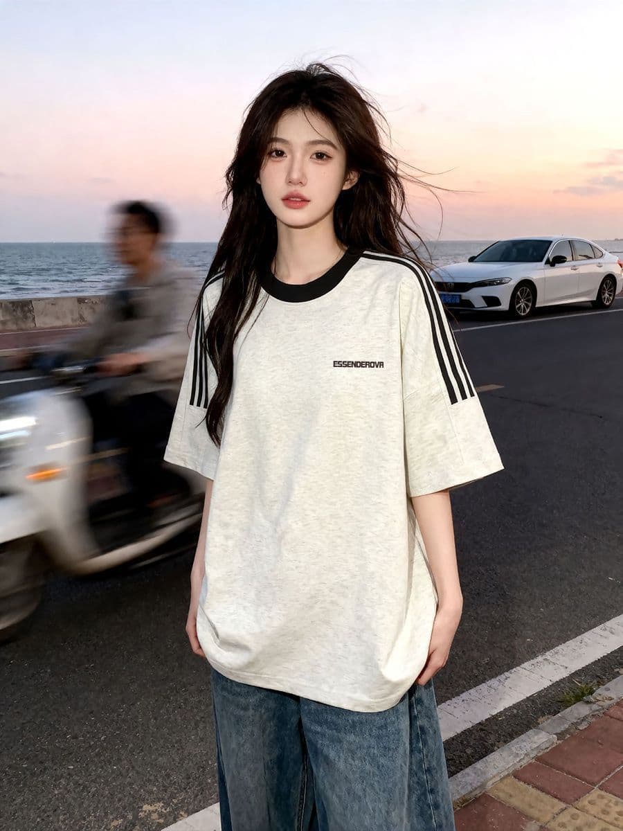 빗질하다 순면 230 크 순면 반팔 230 크 삽입 어깨 소매 3개 바 8 점 바 티셔츠 루즈핏 프린트