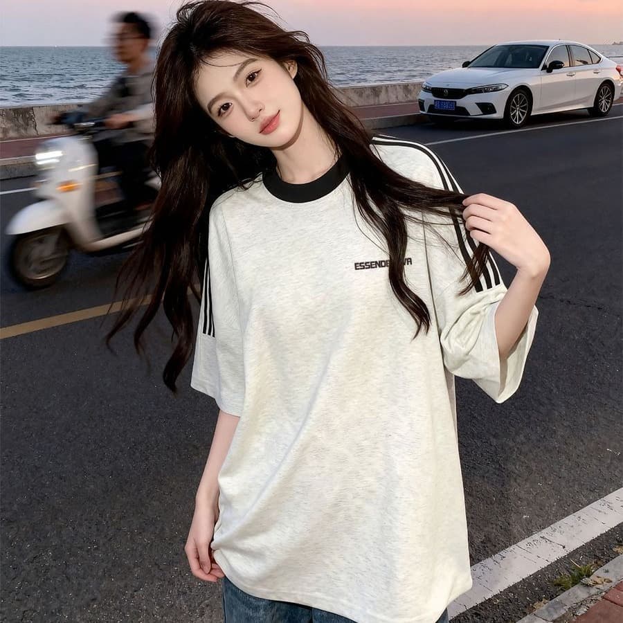 빗질하다 순면 230 크 순면 반팔 230 크 삽입 어깨 소매 3개 바 8 점 바 티셔츠 루즈핏 프린트 이미지 5