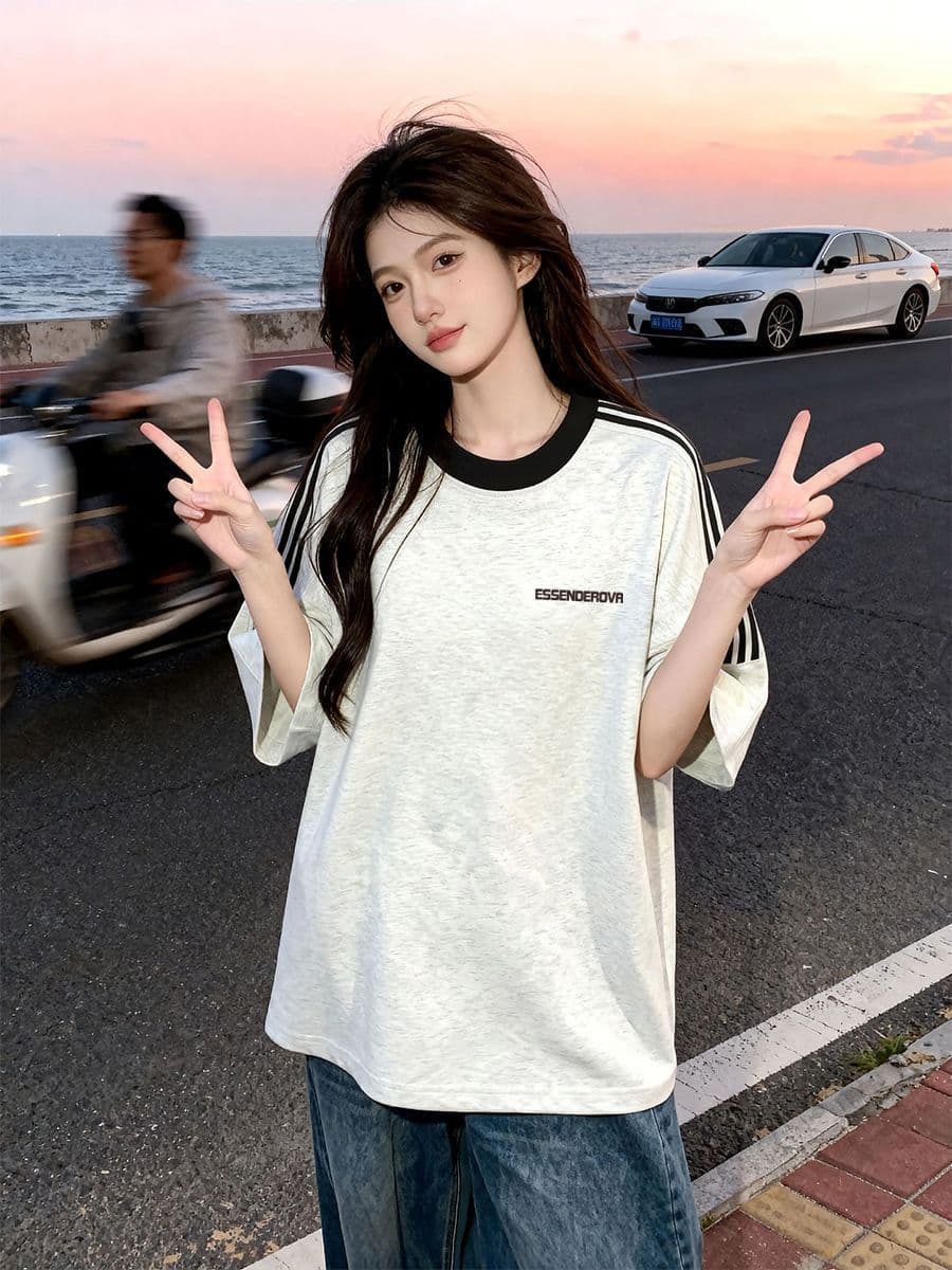 빗질하다 순면 230 크 순면 반팔 230 크 삽입 어깨 소매 3개 바 8 점 바 티셔츠 루즈핏 프린트 이미지 3