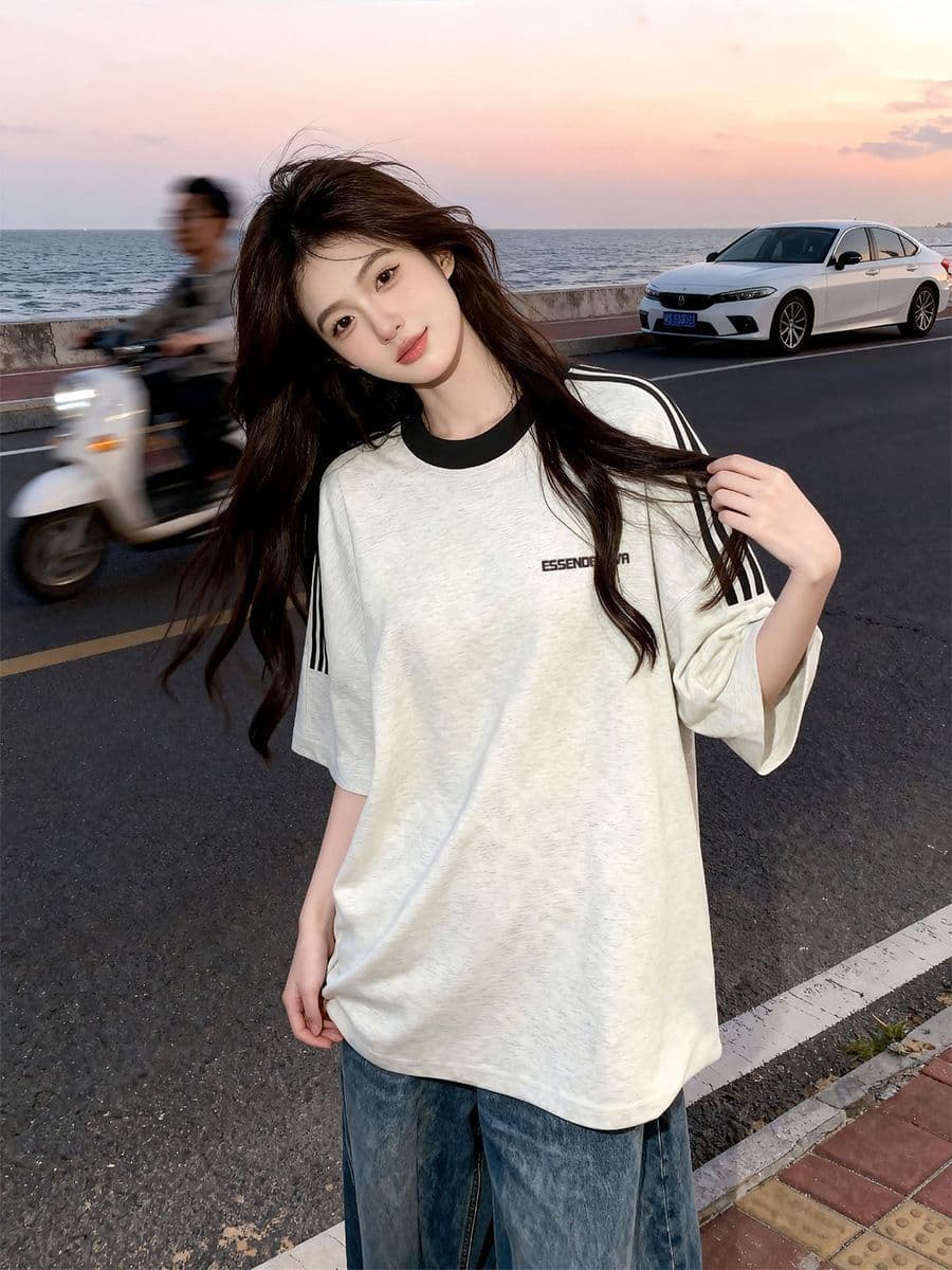 빗질하다 순면 230 크 순면 반팔 230 크 삽입 어깨 소매 3개 바 8 점 바 티셔츠 루즈핏 프린트 상세 이미지 2