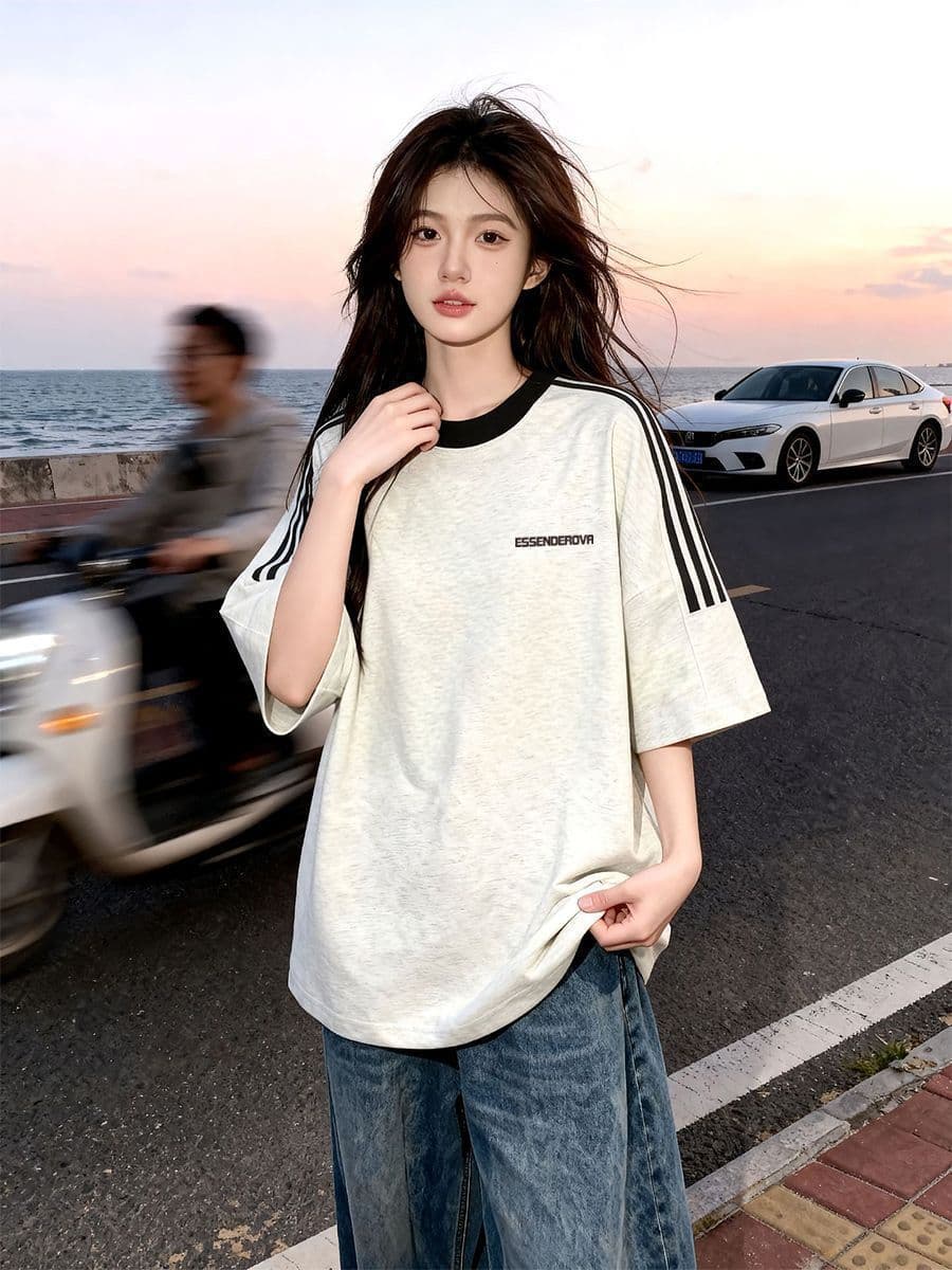빗질하다 순면 230 크 순면 반팔 230 크 삽입 어깨 소매 3개 바 8 점 바 티셔츠 루즈핏 프린트 상세 이미지 4