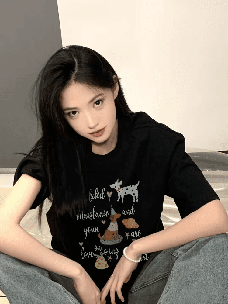 빗질하다 순면 230 크 순면 반팔 루즈핏 가을 어깨 프린트 티셔츠 여름 맨위 디자인 센스 작은 대중 이미지 4
