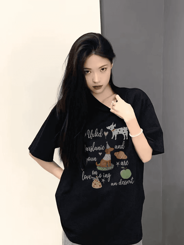 빗질하다 순면 230 크 순면 반팔 루즈핏 가을 어깨 프린트 티셔츠 여름 맨위 디자인 센스 작은 대중 이미지 3