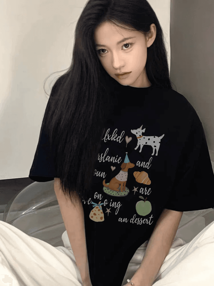 빗질하다 순면 230 크 순면 반팔 루즈핏 가을 어깨 프린트 티셔츠 여름 맨위 디자인 센스 작은 대중 상세 이미지 3