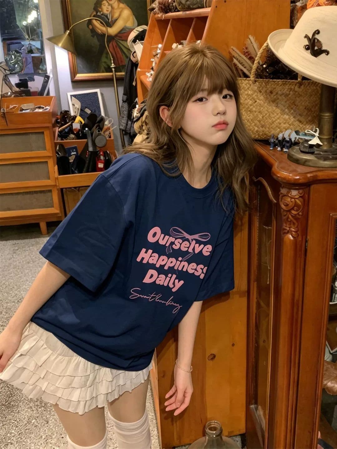 빗질하다 순면 230 크 순면 반팔 루즈핏 가을 어깨 프린트 티셔츠 여름 맨위 디자인 센스 작은 대중 이미지 2