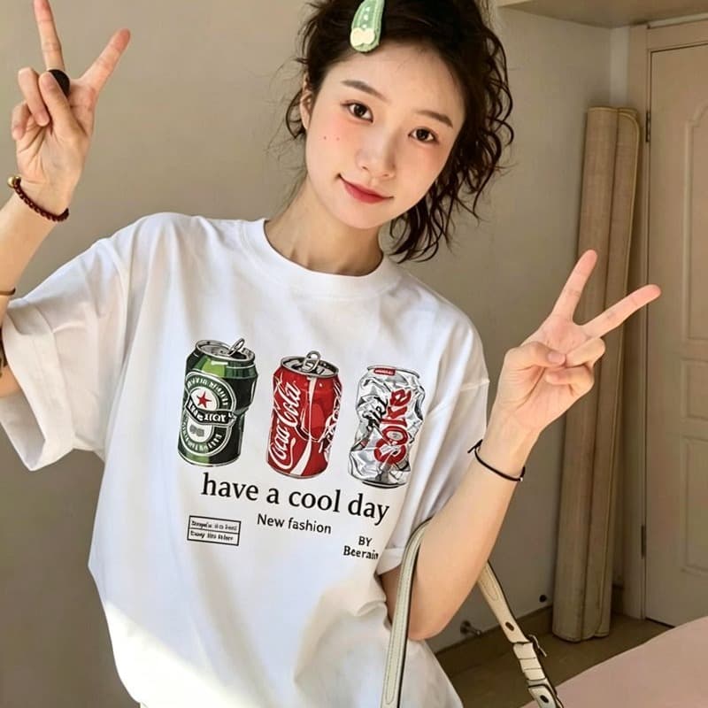 빗질하다 순면 230 크 순면 반팔 루즈핏 가을 어깨 프린트 티셔츠 여름 맨위 디자인 센스 작은 대중 이미지 5
