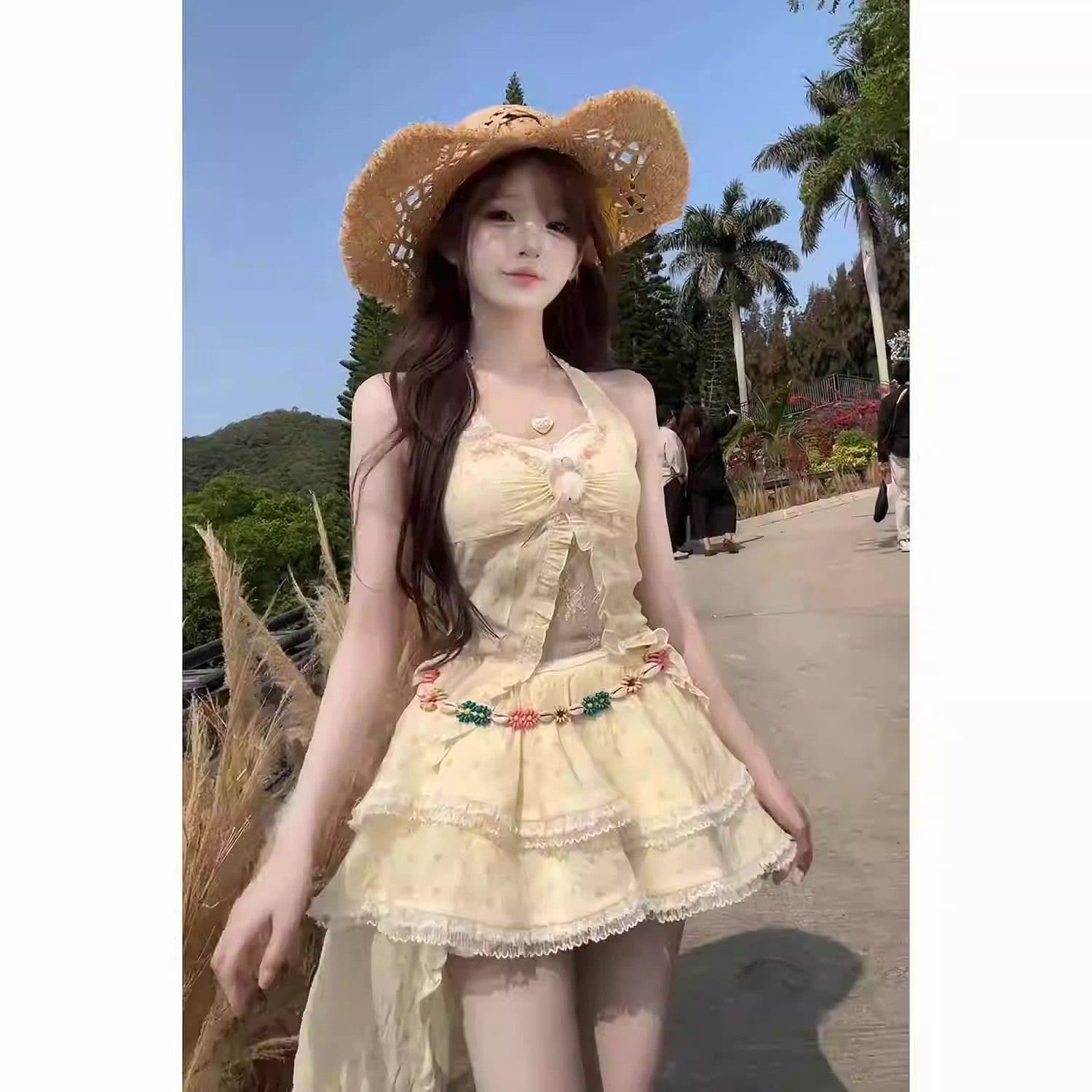 새로운 프랑스식 달콤함 순수한 욕망 휴가 바람 도트 무늬 레이스 레이스 디자인 불규칙 행침 목 투피스 세트 상세 이미지 2