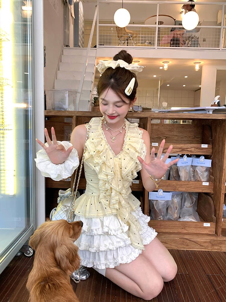달콤함 분위기 센스 ins 바람 핑크색 도트 무늬 패치워크 프릴 행침 목 조끼 맨위 퍼프 케이크 드레스 여름 상세 이미지 8
