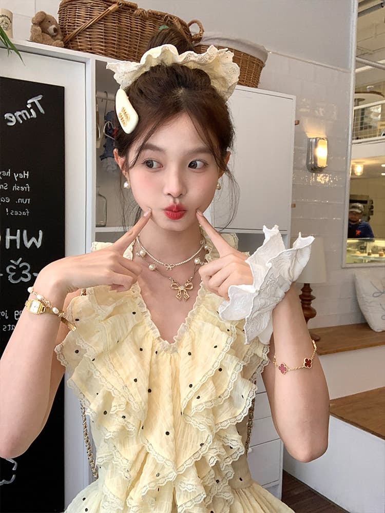 달콤함 분위기 센스 ins 바람 핑크색 도트 무늬 패치워크 프릴 행침 목 조끼 맨위 퍼프 케이크 드레스 여름 상세 이미지 9