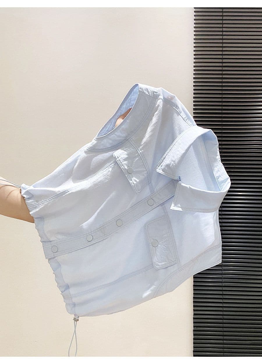 작은 대중 디자인 센스 민소매 여성 셔츠 여름 새로운 파란색 디스플레이 화이트 폴로 칼라 펌프 로프 허리 수축 슬림해 보이는 외부 잡아라. 의류 상세 이미지 7