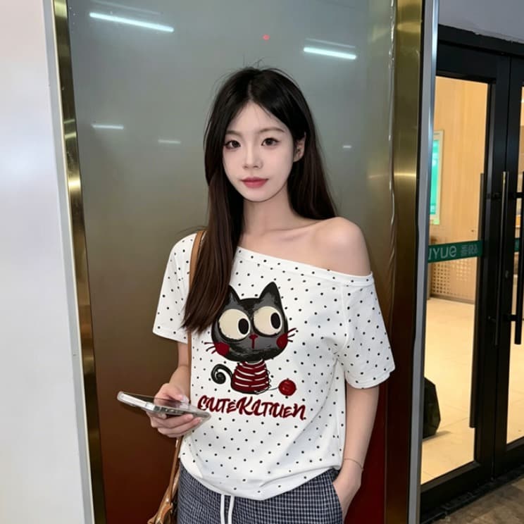 220 그램 40 순면 오스트리아 세대 서울 도트 무늬 비스듬한 어깨 반팔 티셔츠 여성