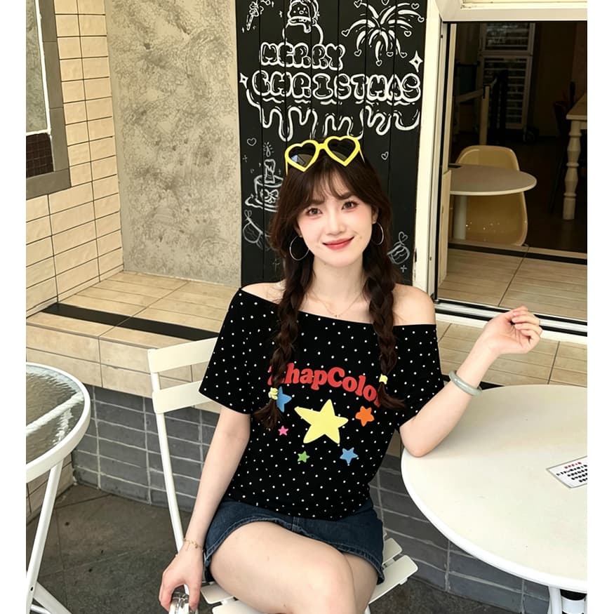 220 그램 40 순면 오스트리아 세대 서울 도트 무늬 비스듬한 어깨 반팔 티셔츠 여성 이미지 3