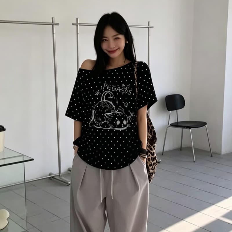 220 그램 40 순면 오스트리아 세대 서울 도트 무늬 비스듬한 어깨 반팔 티셔츠 여성 이미지 2