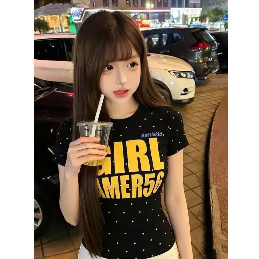 40 210 그램 빗질하다 92 면 8 암모니아 Lun 이후 패키지 칼라 몸매 가꾸기 긍정적 인 어깨 반팔 티셔츠 여성 여름 도트 무늬 상세 이미지 2