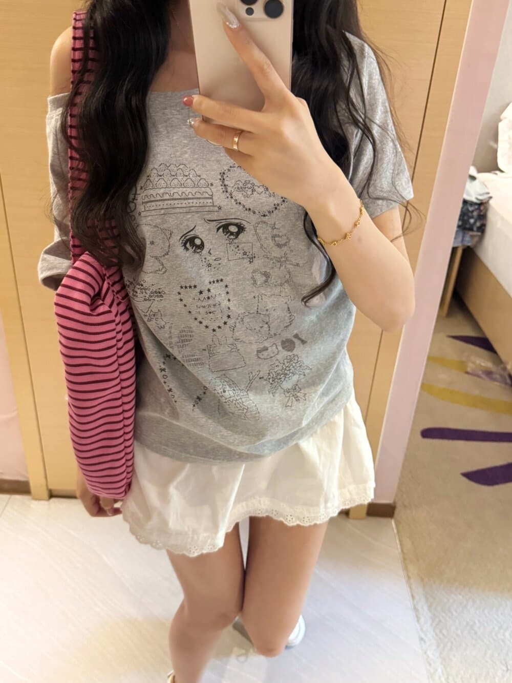 220 그램 92 면 8 암모니아 Lun 아메리칸 핫걸 비스듬한 어깨 알파벳 프린트 반팔 티셔츠 여성 상세 이미지 3