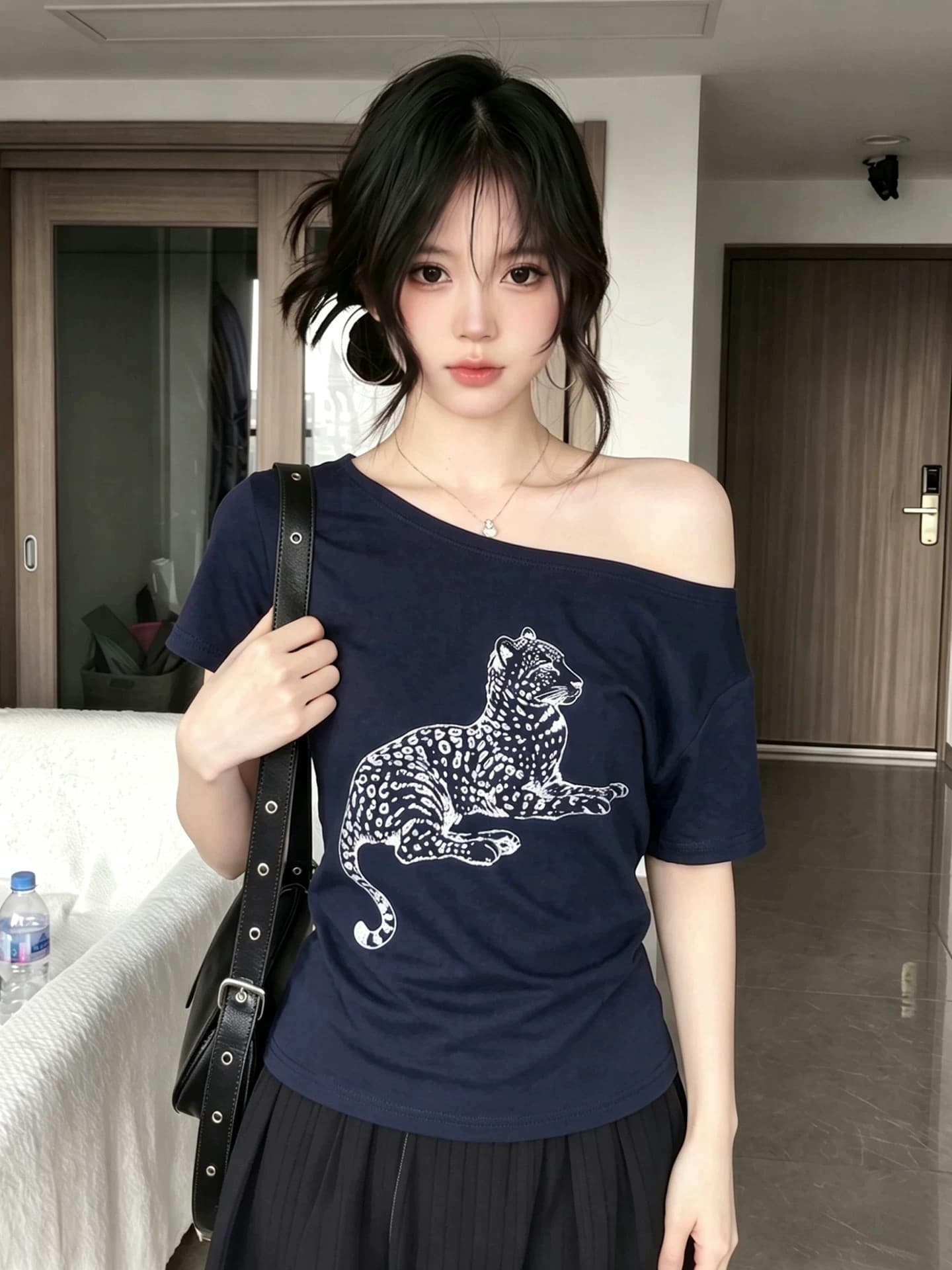 220 그램 92 면 8 암모니아 Lun 아메리칸 핫걸 비스듬한 어깨 알파벳 프린트 반팔 티셔츠 여성 상세 이미지 3