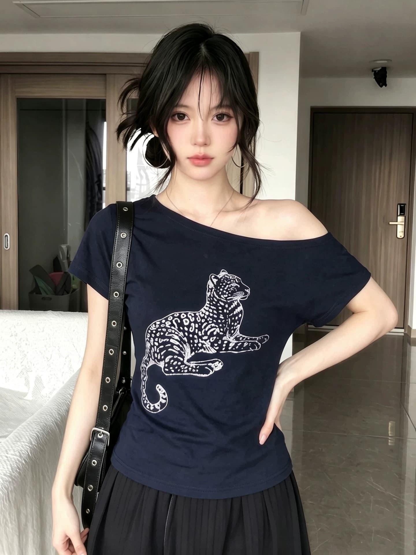 220 그램 92 면 8 암모니아 Lun 아메리칸 핫걸 비스듬한 어깨 알파벳 프린트 반팔 티셔츠 여성 상세 이미지 4