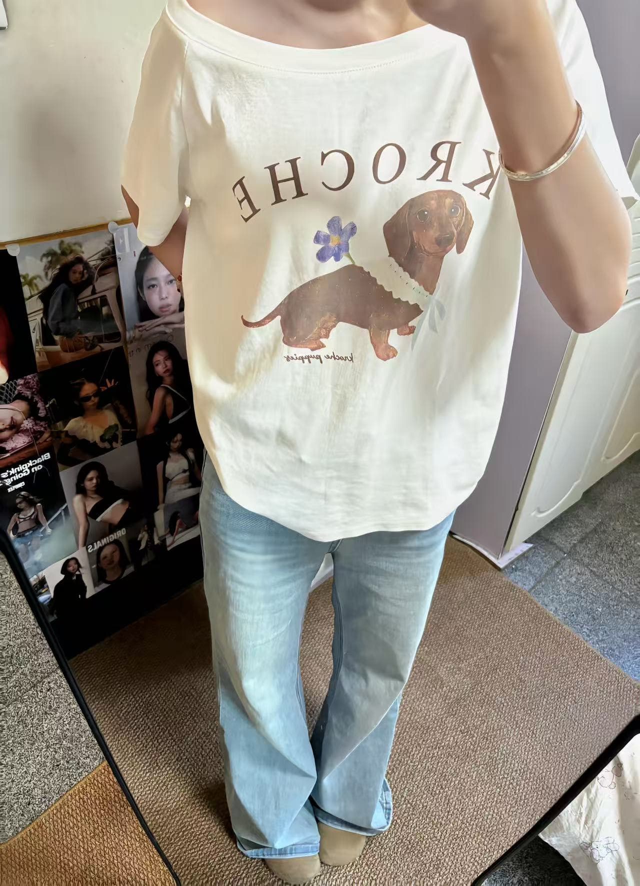 220 그램 92 면 8 암모니아 Lun 아메리칸 핫걸 비스듬한 어깨 알파벳 프린트 반팔 티셔츠 여성 이미지 2
