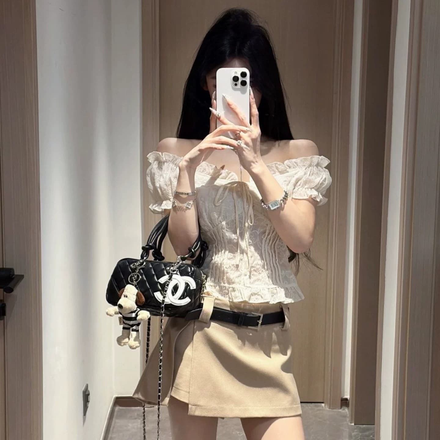한 스타일 순수한 욕망 바람 오프숄더 거품 소매 레이스 셔츠 여성 여름 몸매 가꾸기 슬림해 보이는 섹시함 달콤함 스트랩 자수 맨위 이미지 5