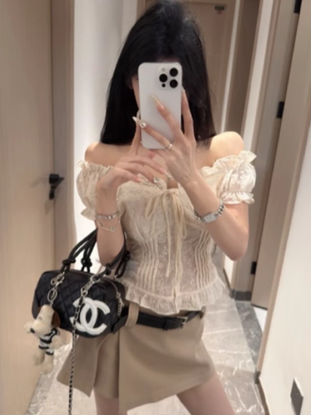 한 스타일 순수한 욕망 바람 오프숄더 거품 소매 레이스 셔츠 여성 여름 몸매 가꾸기 슬림해 보이는 섹시함 달콤함 스트랩 자수 맨위 상세 이미지 3