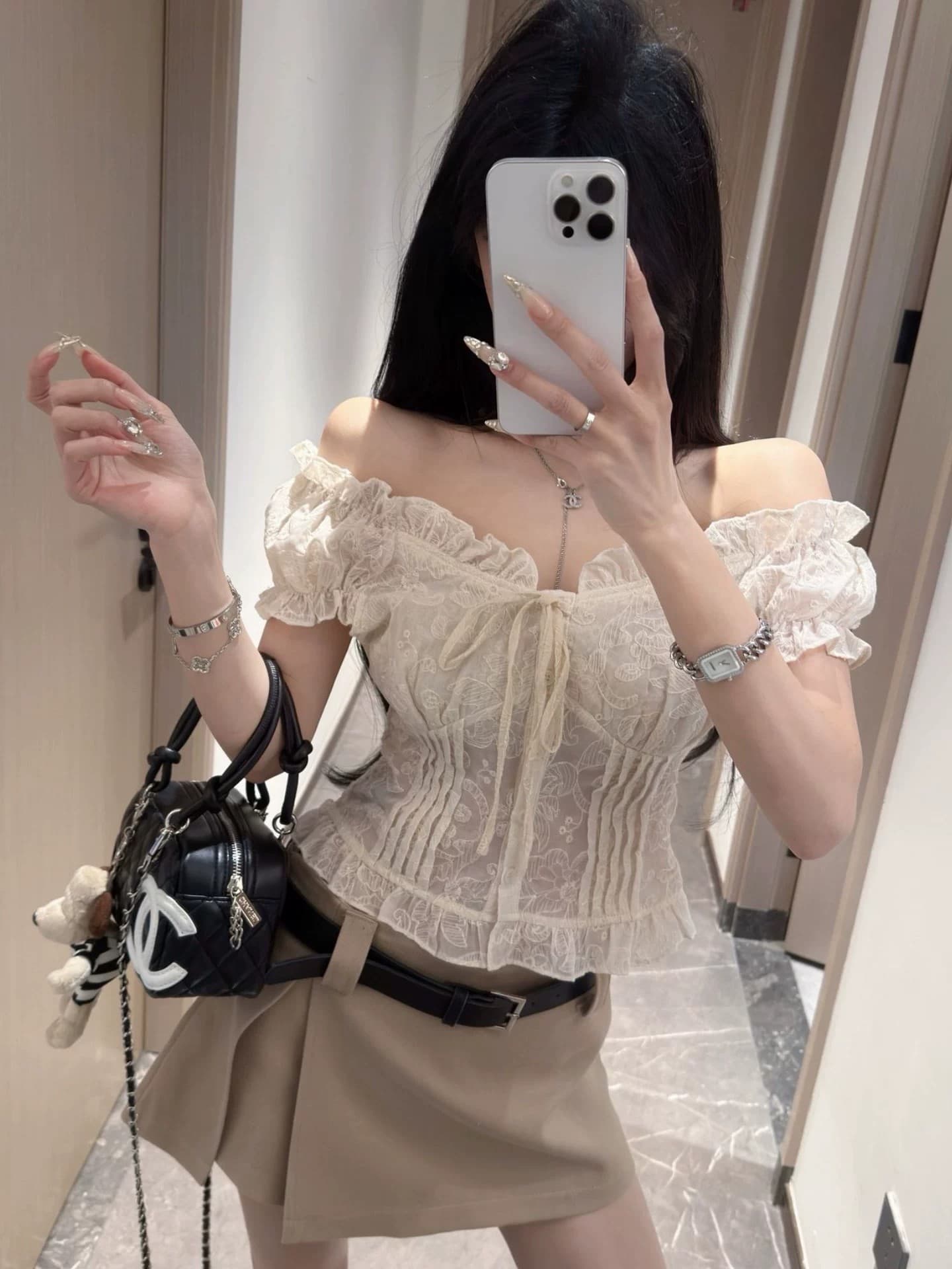 한 스타일 순수한 욕망 바람 오프숄더 거품 소매 레이스 셔츠 여성 여름 몸매 가꾸기 슬림해 보이는 섹시함 달콤함 스트랩 자수 맨위 상세 이미지 5