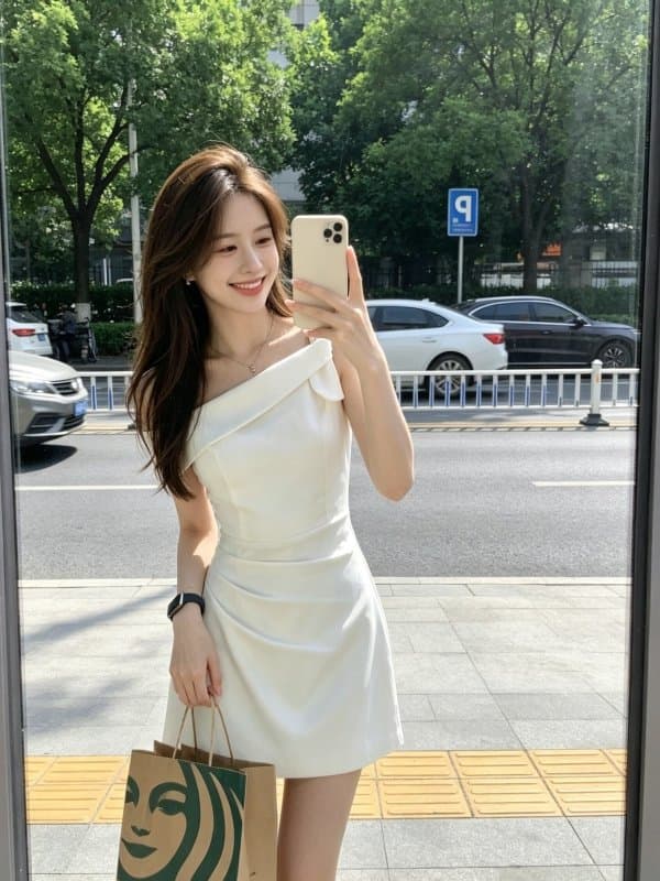 프랑스식 품격 순수한 욕망 고급 센스 비스듬한 어깨 천 금빛 바람 여성 드레스 여름 허리 수축 슬림해 보이는 한 마디 미니 스커트 이미지 2
