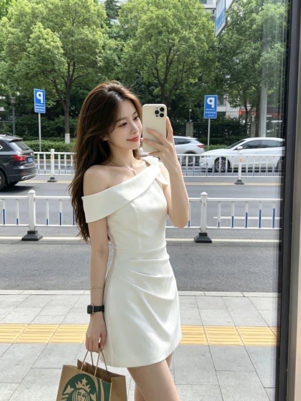 프랑스식 품격 순수한 욕망 고급 센스 비스듬한 어깨 천 금빛 바람 여성 드레스 여름 허리 수축 슬림해 보이는 한 마디 미니 스커트 상세 이미지 6