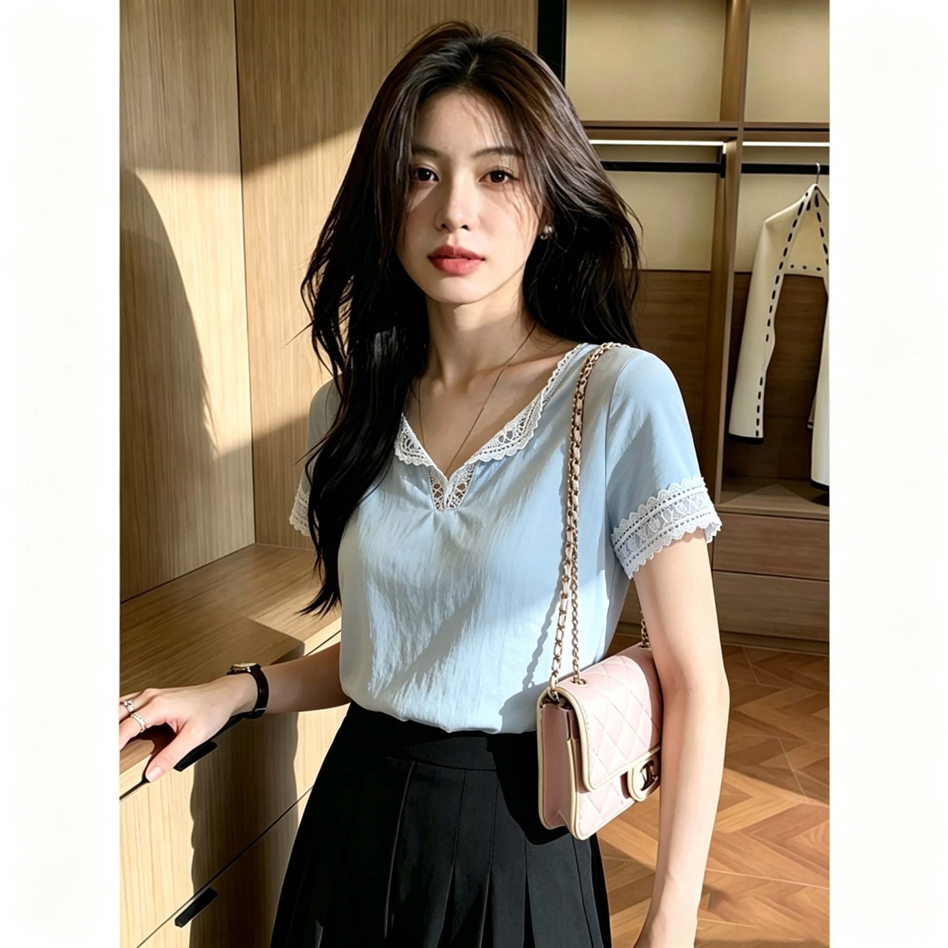 40s 모방 면 리브 한 부서 파란색 홀로우 아웃 레이스 레이스 반팔 티셔츠 여름 허리 수축 슬림해 보이는 티셔츠 맨위 이미지 3