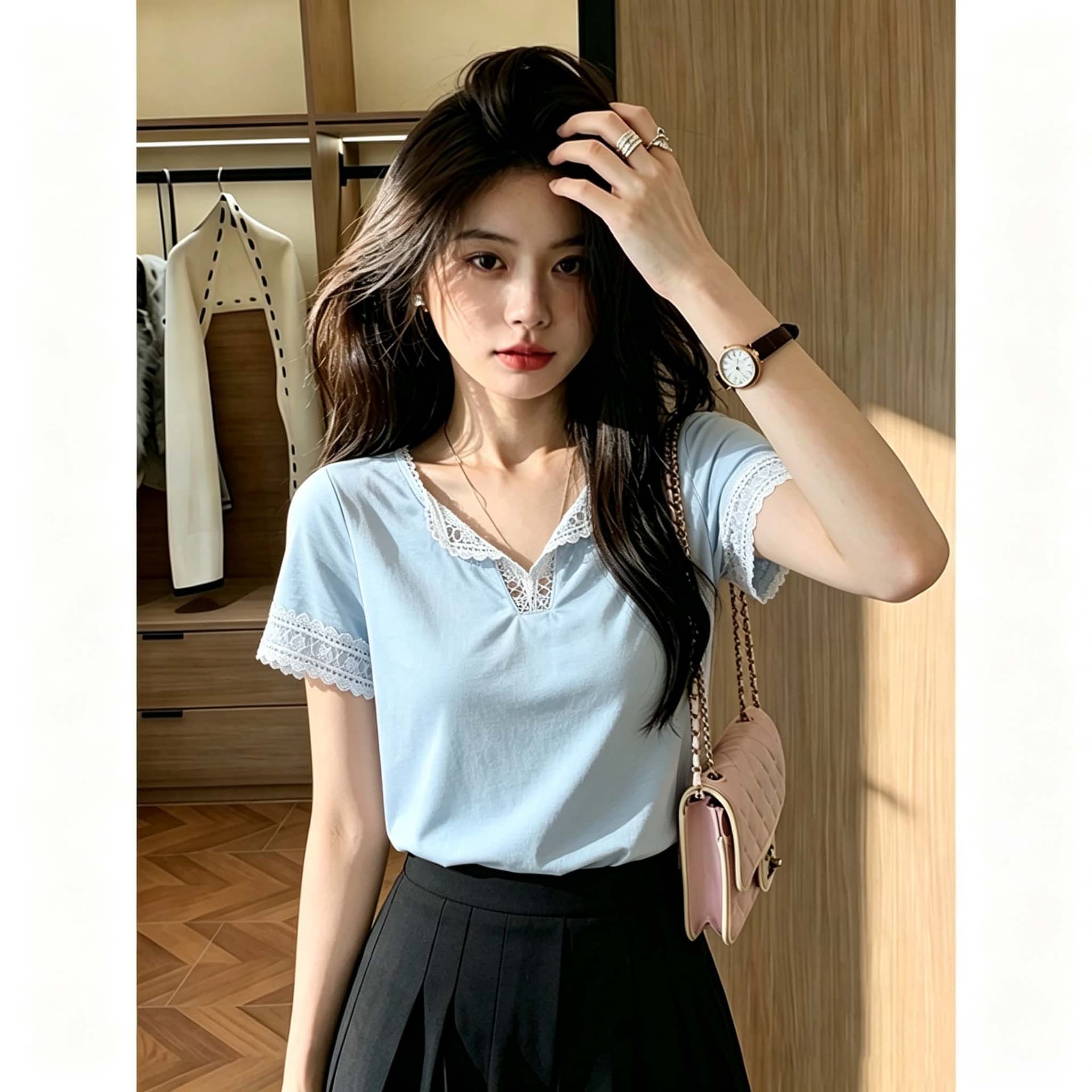 40s 모방 면 리브 한 부서 파란색 홀로우 아웃 레이스 레이스 반팔 티셔츠 여름 허리 수축 슬림해 보이는 티셔츠 맨위 이미지 2