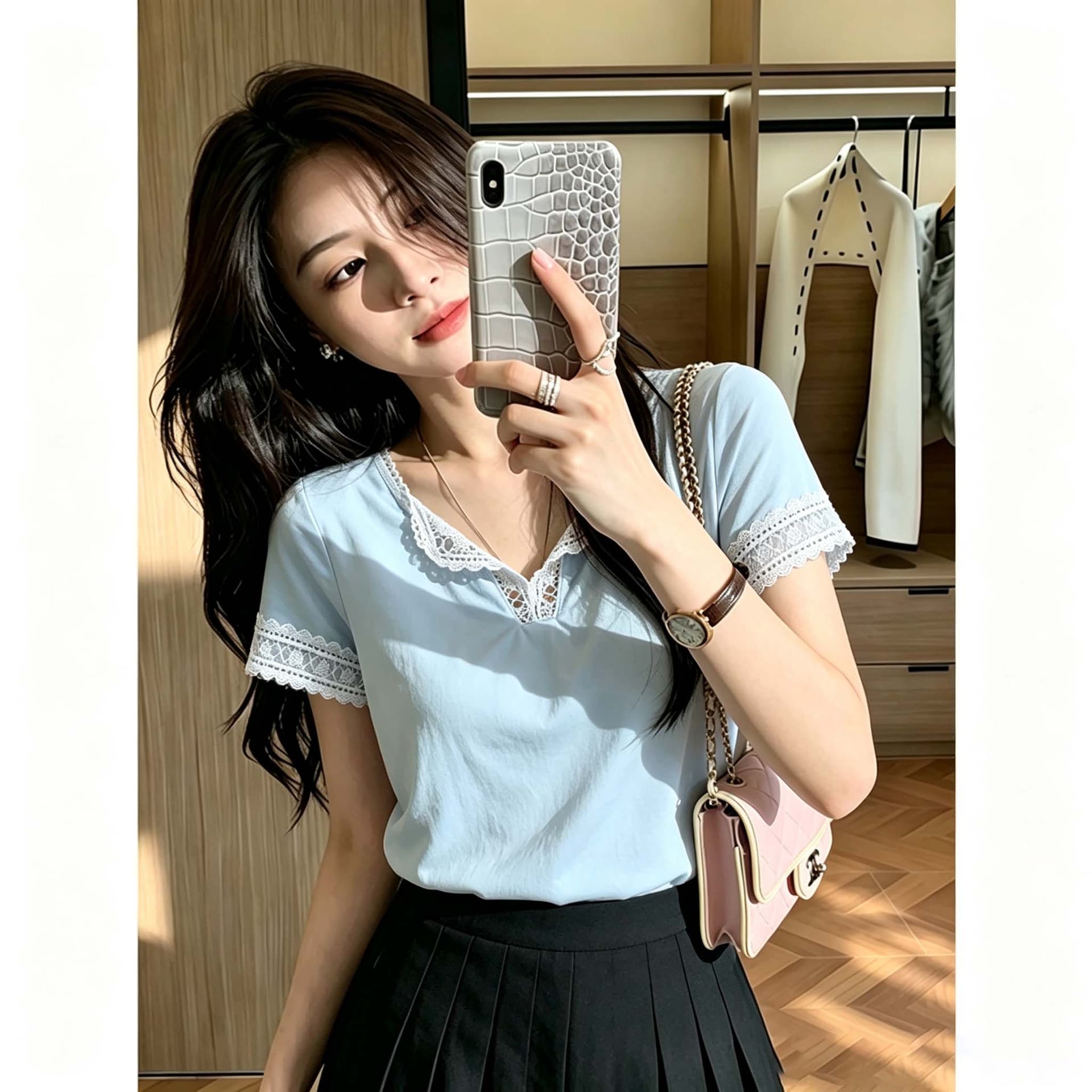 40s 모방 면 리브 한 부서 파란색 홀로우 아웃 레이스 레이스 반팔 티셔츠 여름 허리 수축 슬림해 보이는 티셔츠 맨위 이미지 4