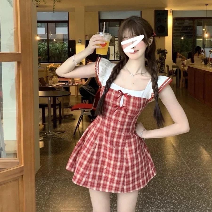 빨간색 그리드 이야기 소녀 센스 슬림해 보이는 품격 레트로 빨간색 체크무늬 작은 날다 소매 공주 드레스 작은 키 다용도 미니 스커트 이미지 4