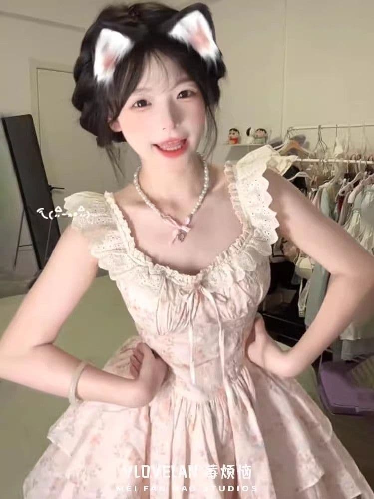 여름 새로운 공주 달콤함 작은 날다 소매 꽃무늬 드레스 부드러운 허리 수축 슬림해 보이는 프랑스식 달콤한 자매 퍼프 미니 스커트 상세 이미지 3