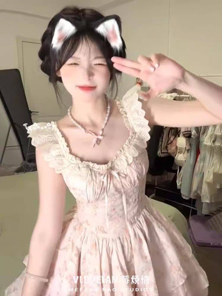 여름 새로운 공주 달콤함 작은 날다 소매 꽃무늬 드레스 부드러운 허리 수축 슬림해 보이는 프랑스식 달콤한 자매 퍼프 미니 스커트 상세 이미지 4