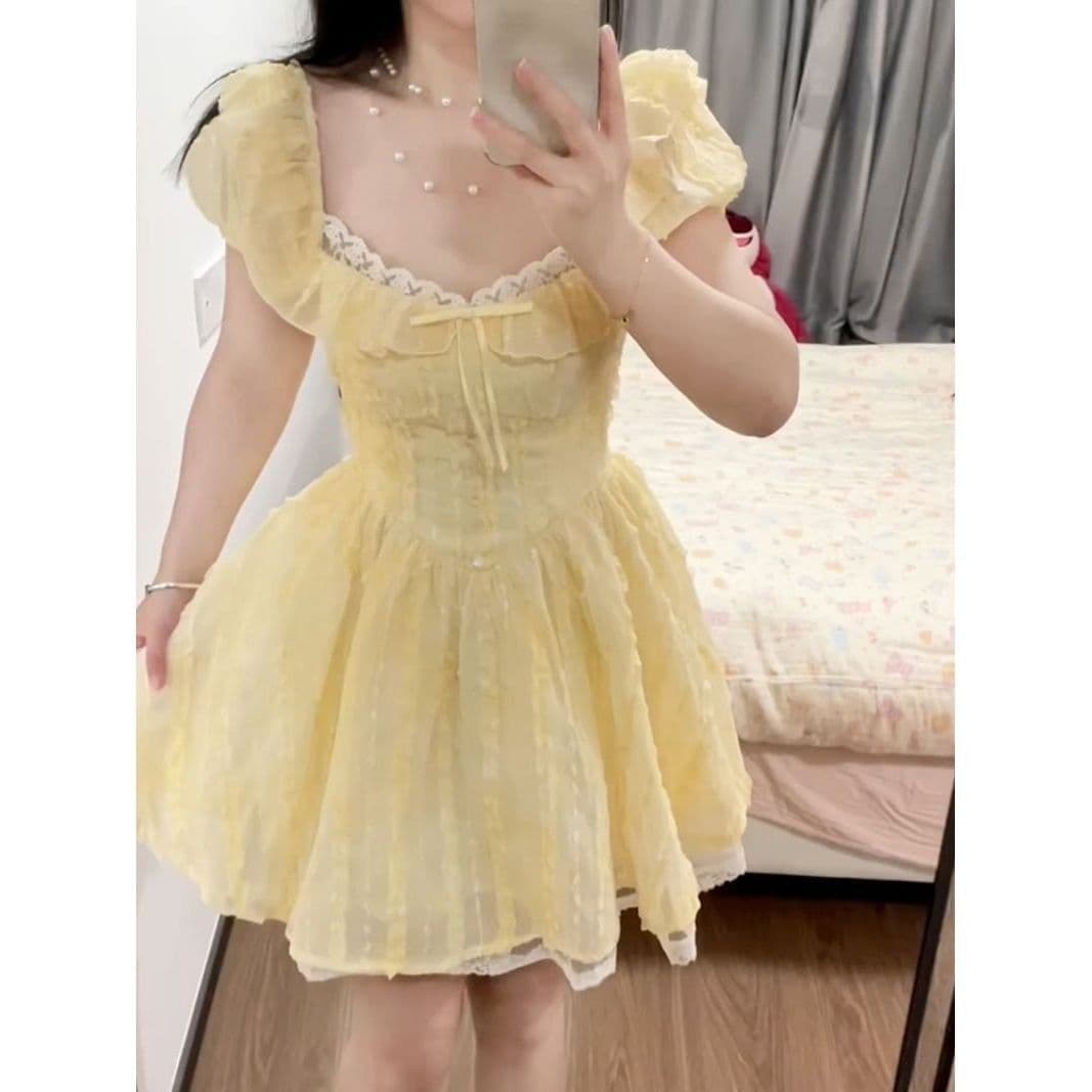 황색 광장 칼라 소녀 거품 소매 수신 귀여운 드레스 허리 수축 프랑스식 슬림해 보이는 달콤함 치마 공주 미니 스커트 여성 상세 이미지 1