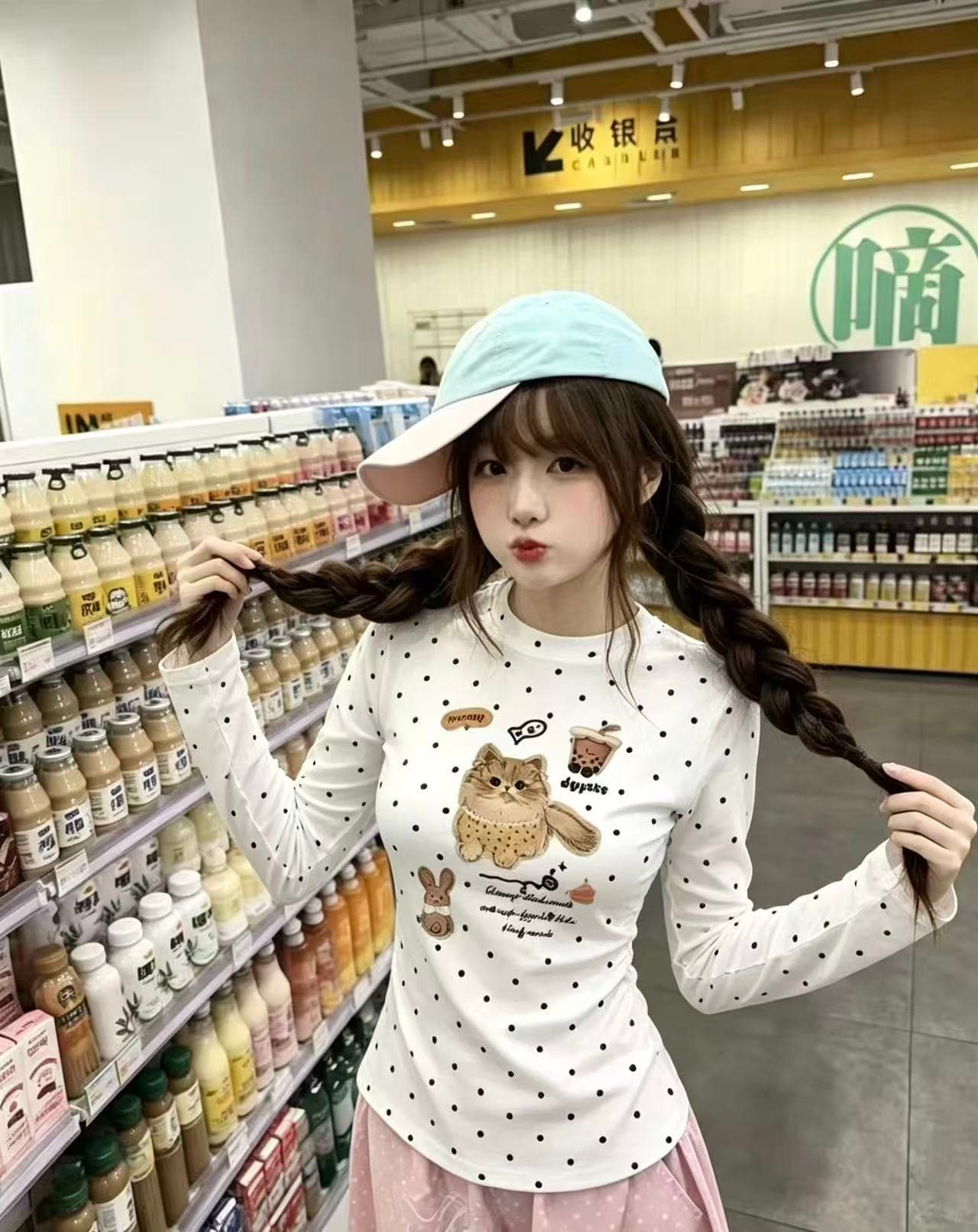 220 그램 40 빗질하다 92 면 8 암모니아 Lun 도트 무늬 몸매 가꾸기 긴팔 티셔츠 여성 상세 이미지 4