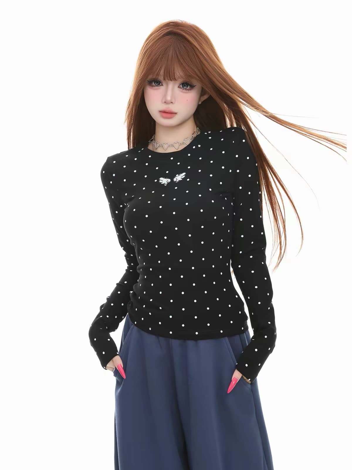 220 그램 40 빗질하다 92 면 8 암모니아 Lun 도트 무늬 몸매 가꾸기 긴팔 티셔츠 여성 이미지 2