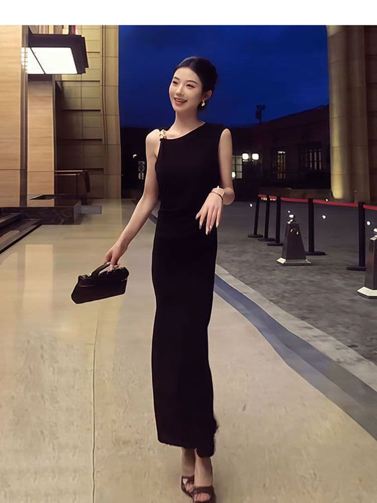 플러스 네리 드레스 패션 품격 새로운 프랑스식 착용 가져 가라. 작은 대중 순수한 블랙 비스듬한 칼라 버튼 디자인 중간 길이 스커트 상세 이미지 5