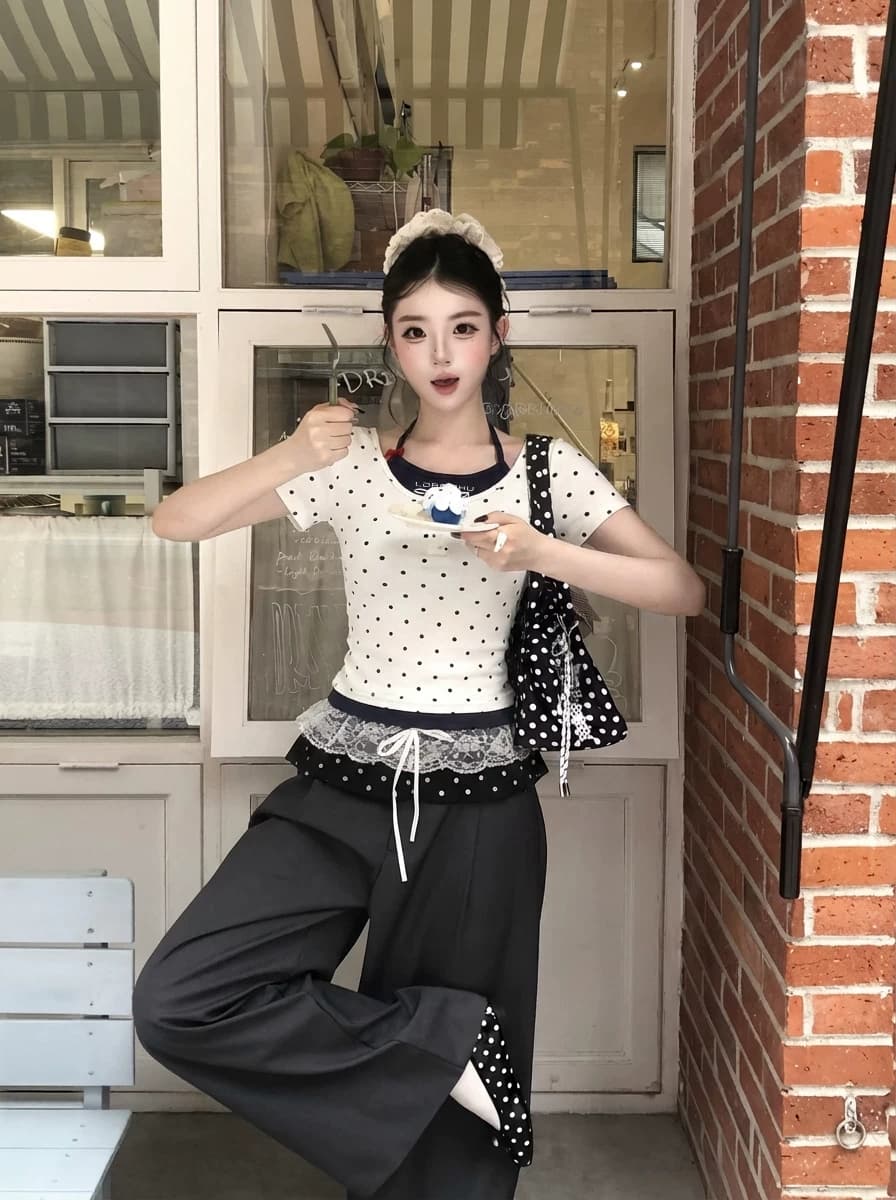 40 순면 1 1 디자인 센스 도트 무늬 자수 반팔 티셔츠 여성 외국 가스 고유 한 연령 감소 몸매 가꾸기 슬림해 보이는 맨위 상세 이미지 4