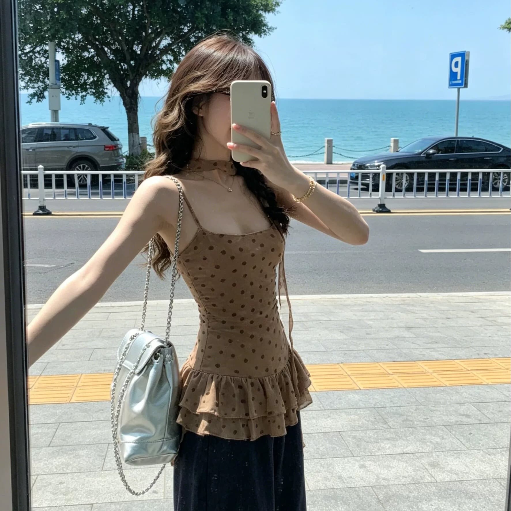 순수한 욕망 핫걸 도트 무늬 프릴 캐미솔 2026 여름 새로운 불규칙 품격 리본 맨위 트렌디 이미지 5