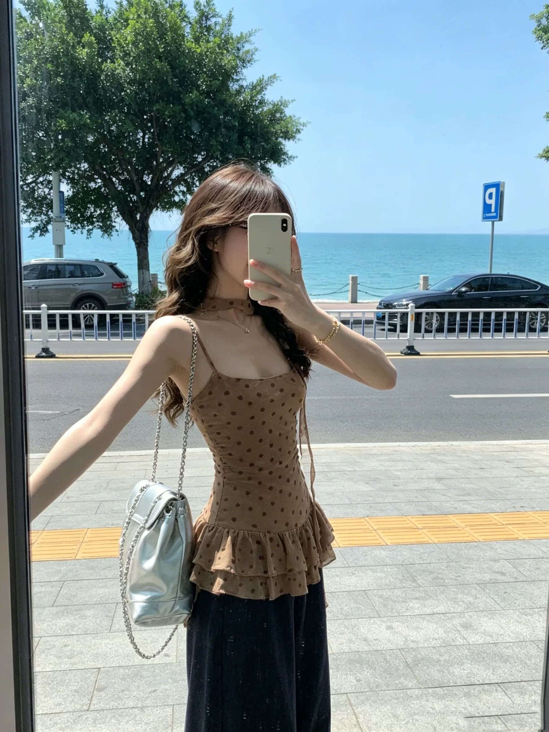 순수한 욕망 핫걸 도트 무늬 프릴 캐미솔 2026 여름 새로운 불규칙 품격 리본 맨위 트렌디 상세 이미지 3