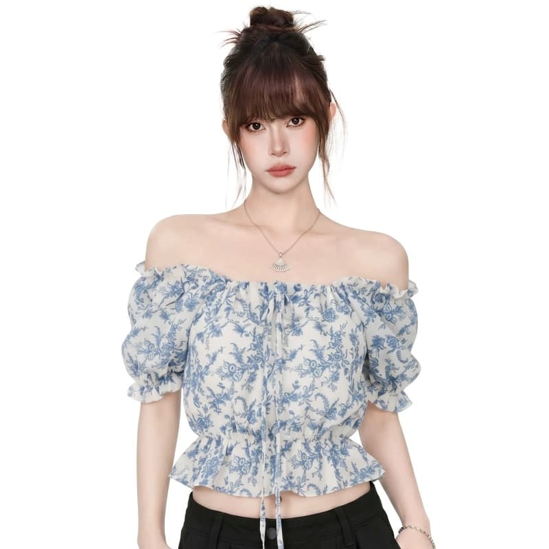 프랑스식 전원 바람 오프숄더 수신 Pleat 꽃무늬 티셔츠 여성 2026 새로운 여름 레트로 디자인 센스 쇼트 스타일 맨위 이미지 5