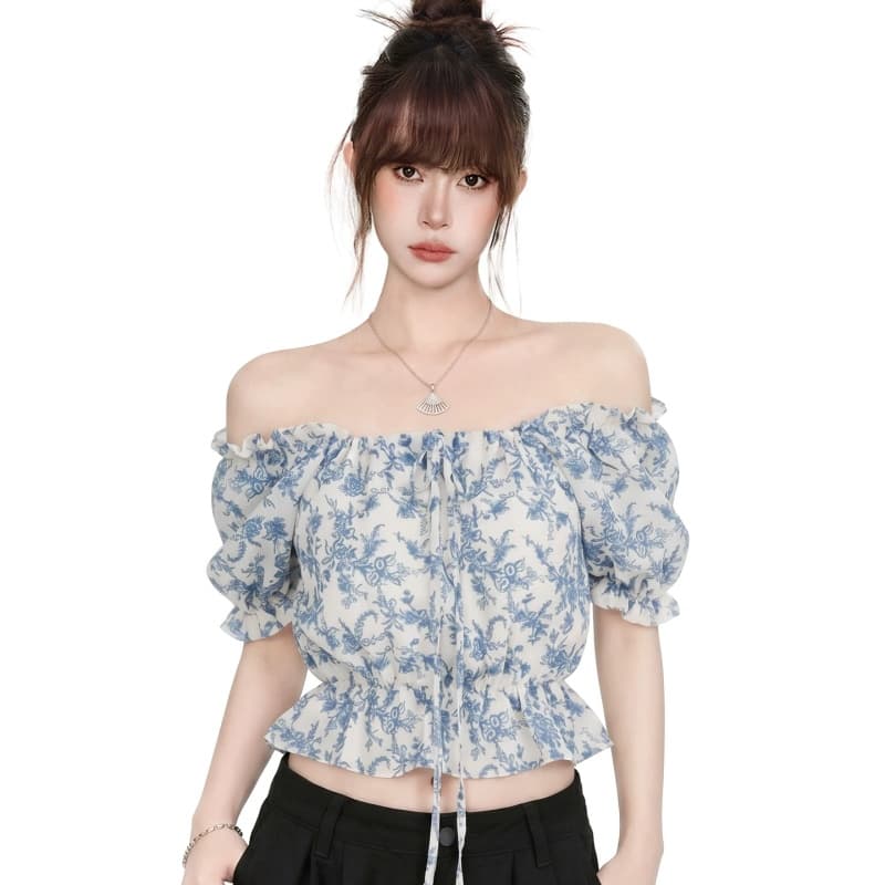프랑스식 전원 바람 오프숄더 수신 Pleat 꽃무늬 티셔츠 여성 2026 새로운 여름 레트로 디자인 센스 쇼트 스타일 맨위 이미지 4