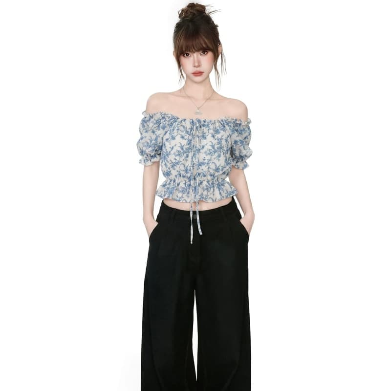 프랑스식 전원 바람 오프숄더 수신 Pleat 꽃무늬 티셔츠 여성 2026 새로운 여름 레트로 디자인 센스 쇼트 스타일 맨위 이미지 3