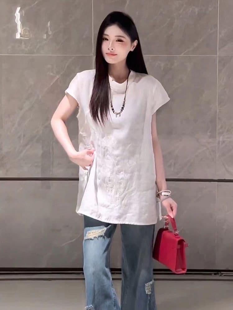 고급 유럽 상품 여름 새로운 고급 센스 무거운 작업 자수 새로운 중식 국풍 작은 날다 소매 순수 린넨 셔츠 맨위 여성 상세 이미지 8