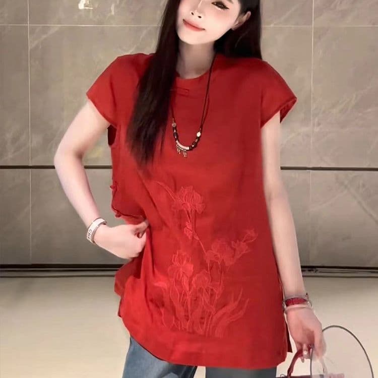 고급 유럽 상품 여름 새로운 고급 센스 무거운 작업 자수 새로운 중식 국풍 작은 날다 소매 순수 린넨 셔츠 맨위 여성 상세 이미지 10