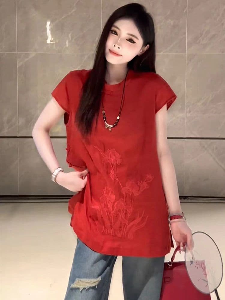 고급 유럽 상품 여름 새로운 고급 센스 무거운 작업 자수 새로운 중식 국풍 작은 날다 소매 순수 린넨 셔츠 맨위 여성 상세 이미지 11