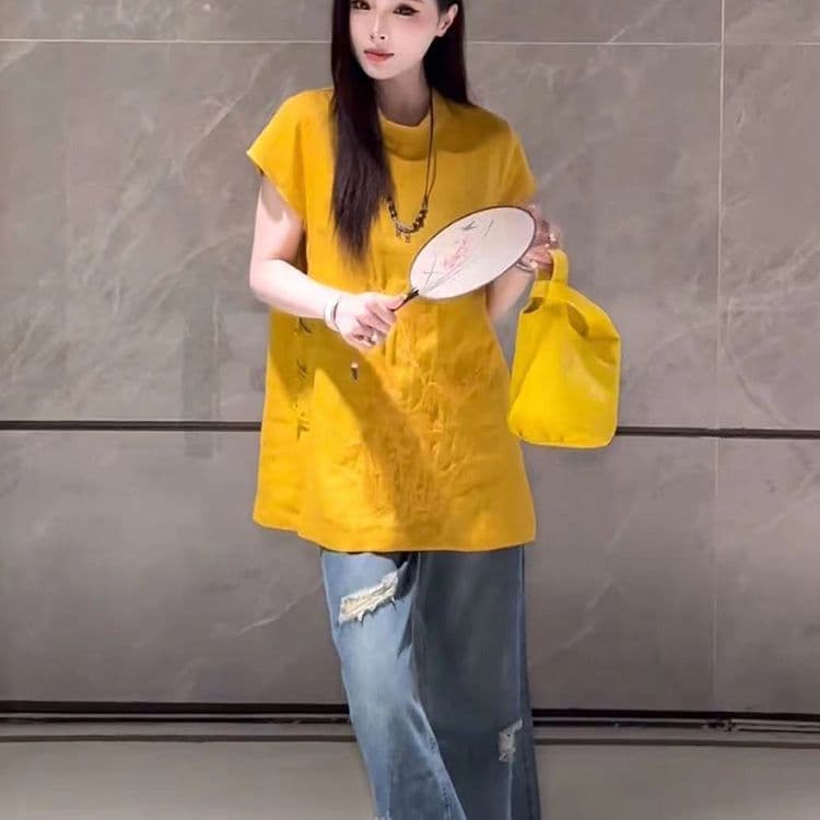 고급 유럽 상품 여름 새로운 고급 센스 무거운 작업 자수 새로운 중식 국풍 작은 날다 소매 순수 린넨 셔츠 맨위 여성 상세 이미지 21