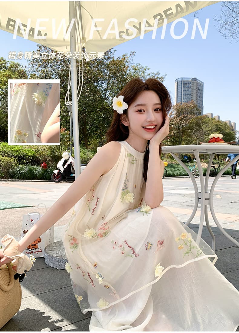 해변가 휴가 부드러운 행침 목 여성 드레스 2026 여름 새로운 꽃무늬 치마 루즈핏 망사 a 단어 길이 치마 상세 이미지 3