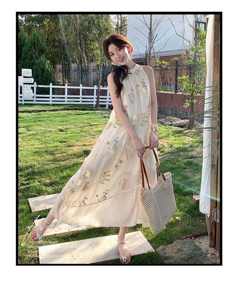 해변가 휴가 부드러운 행침 목 여성 드레스 2026 여름 새로운 꽃무늬 치마 루즈핏 망사 a 단어 길이 치마 상세 이미지 6